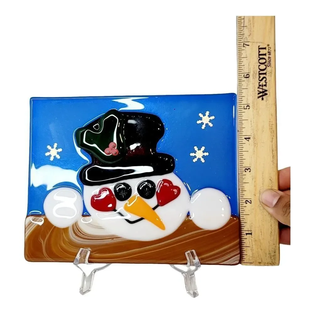 Handpainted Snowman Christmas Fused Art Glass Plate‎ Trivet Signed